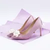 Lovely Lavender Bridesmaid Pumps 2020 Satin Pearl 9 cm Stiletto Heels Pointed Toe Pumps