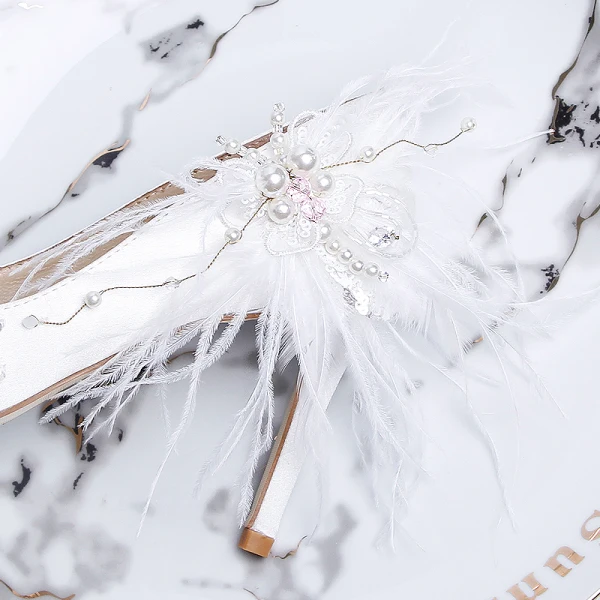 Modern / Fashion White Wedding Shoes 2020 Satin Leather Feather Pearl Sequins 9 cm Stiletto Heels Pointed Toe Wedding Pumps