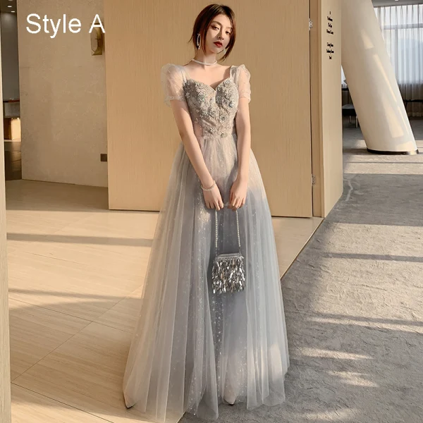 Fashion Grey Bridesmaid Dresses 2021 A-Line / Princess Square Neckline Beading Sequins Lace Flower Short Sleeve Backless Floor-Length / Long Wedding Party Dresses