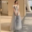 Fashion Grey Bridesmaid Dresses 2021 A-Line / Princess Square Neckline Beading Sequins Lace Flower Short Sleeve Backless Floor-Length / Long Wedding Party Dresses