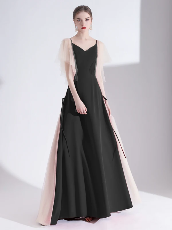 Elegant Burgundy Evening Dresses  2020 A-Line / Princess Satin V-Neck Short Sleeve Backless Floor-Length / Long Formal Dresses