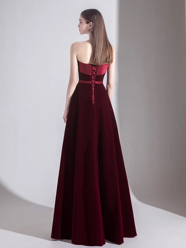 Elegant Burgundy Evening Dresses  2020 A-Line / Princess Suede Strapless Sleeveless Backless Floor-Length / Long Formal Dresses