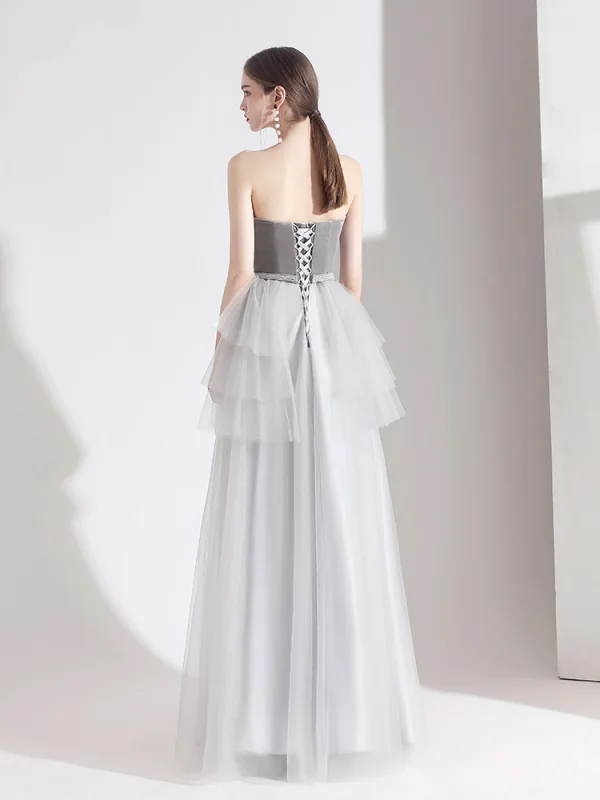 Elegant Grey Evening Dresses  2020 A-Line / Princess Suede Strapless Beading Sleeveless Backless Floor-Length / Long Formal Dresses