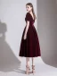 Elegant Burgundy Evening Dresses  2020 A-Line / Princess Suede Square Neckline Short Sleeve Backless Tea-length Formal Dresses