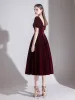 Eleganckie Burgund Sukienki Wieczorowe 2020 Princessa Zamszowe Kwadratowy Dekolt Kótkie Rękawy Bez Pleców Długość Herbaty Sukienki Wizytowe