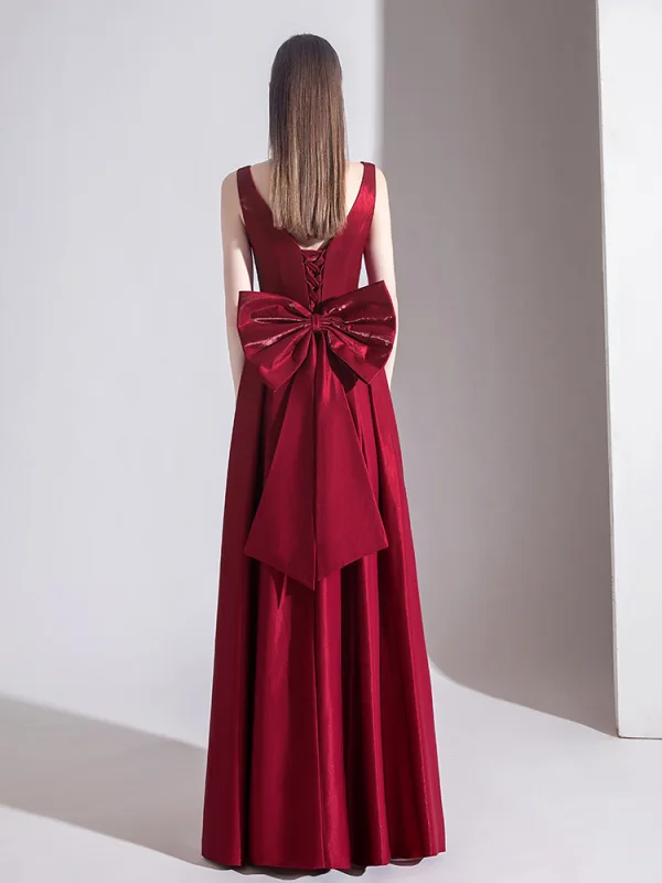 Elegant Burgundy Evening Dresses  2020 A-Line / Princess Satin V-Neck Sleeveless Backless Bow Floor-Length / Long Formal Dresses
