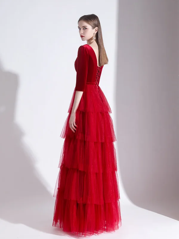 Charmant Rouge Robe De Soirée 2020 Princesse Daim V-Cou 1/2 Manches Dos Nu Longue Robe De Ceremonie