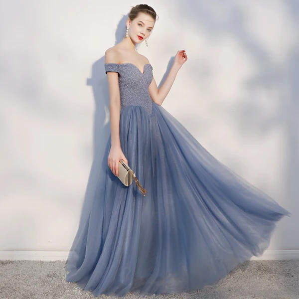 Chic / Beautiful Ocean Blue Prom Dresses 2018 A-Line / Princess Backless Beading Crystal Off-The-Shoulder Sleeveless Floor-Length / Long Formal Dresses