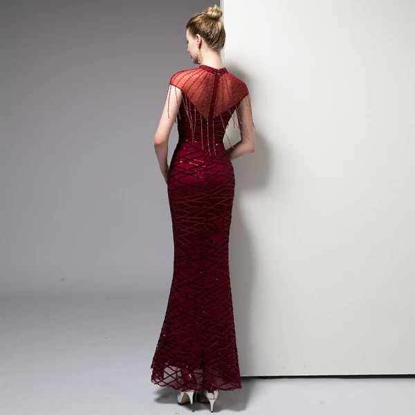 Chic Bordeaux Robe De Soirée 2020 Trompette / Sirène Perlage Gland Paillettes Col Haut Manches Courtes Longue Robe De Ceremonie