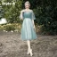 Chic / Beautiful Mint Green Bridesmaid Dresses 2021 A-Line / Princess Scoop Neck Short Sleeve Backless Sash Tea-length Wedding Party Dresses
