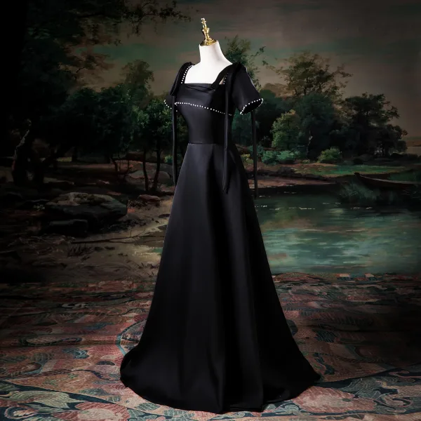 Elegant Black Pearl Prom Dresses 2025 A-Line / Princess Square Neckline Short Sleeve Backless Floor-Length / Long Prom Formal Dresses