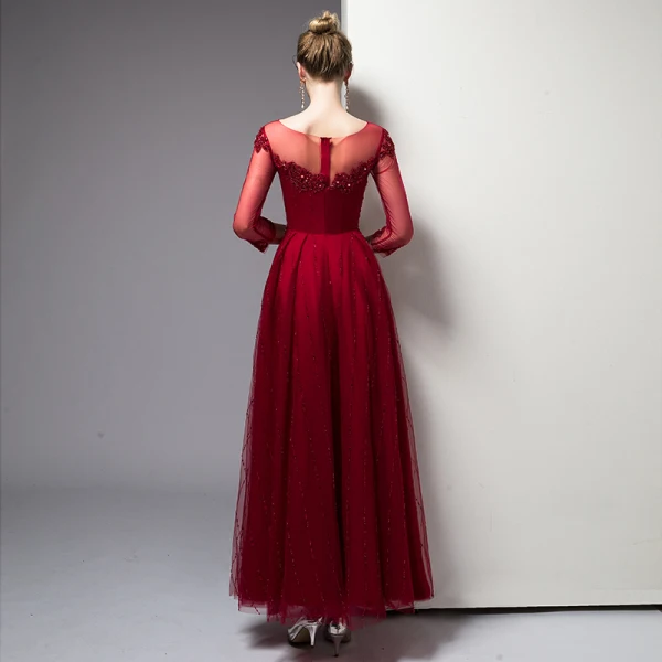 Classy Burgundy Evening Dresses 2020 A-Line / Princess Scoop Neck Beading Crystal Sequins 3/4 Sleeve Ankle Length Formal Dresses