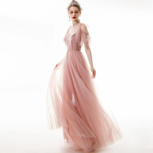 Chic / Belle Perle Rose Robe De Soirée 2020 Princesse Bretelles Spaghetti Appliques Paillettes En Dentelle Manches Courtes Dos Nu Longue Robe De Ceremonie