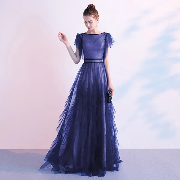 Elegant Ocean Blue Evening Dresses 2020 A-Line / Princess Scoop Neck Short Sleeve Floor-Length / Long Formal Dresses