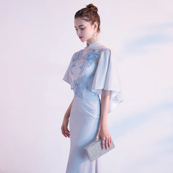 Elegant Silver Evening Dresses 2020 Trumpet / Mermaid High Neck Lace Flower Pearl Appliques 1/2 Sleeves Floor-Length / Long Formal Dresses