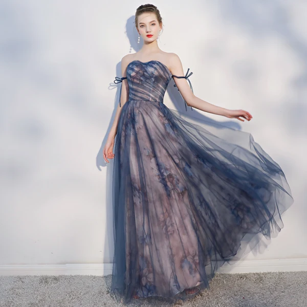 Elegant Navy Blue Evening Dresses 2018 A-Line / Princess Bow Backless Strapless Sleeveless Floor-Length / Long Formal Dresses