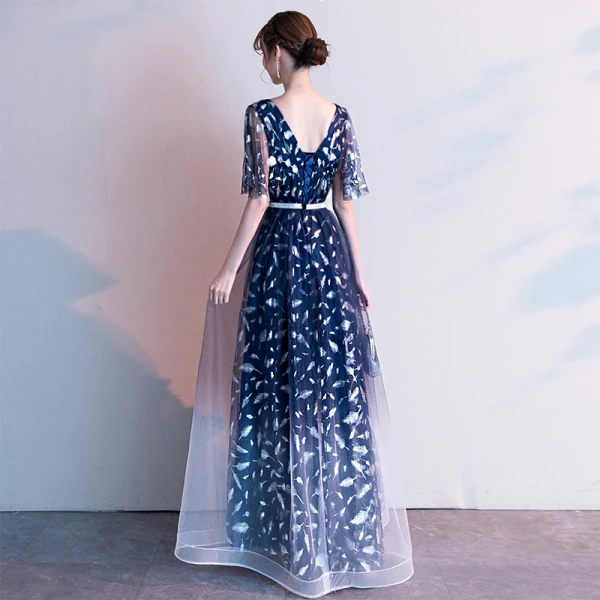Fashion Navy Blue Evening Dresses  2020 A-Line / Princess V-Neck Feather Printing Short Sleeve Backless Floor-Length / Long Formal Dresses