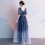Fashion Navy Blue Evening Dresses  2020 A-Line / Princess V-Neck Feather Printing Short Sleeve Backless Floor-Length / Long Formal Dresses