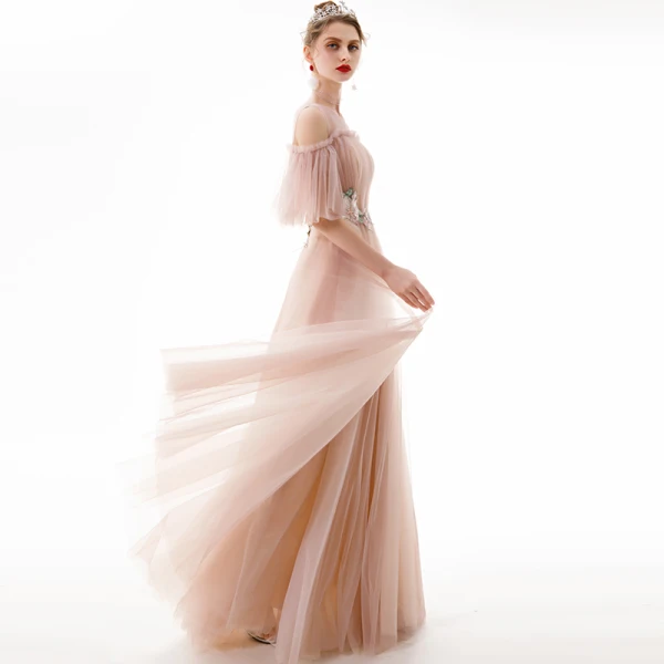 Classy Pearl Pink Evening Dresses  2020 A-Line / Princess Scoop Neck Lace Flower Appliques Crystal Short Sleeve Backless Floor-Length / Long Formal Dresses
