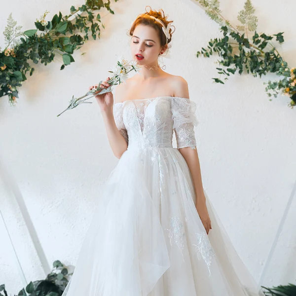 Charming Ivory Wedding Dresses 2020 A-Line / Princess Off-The-Shoulder Lace Flower Appliques Short Sleeve Backless Court Train