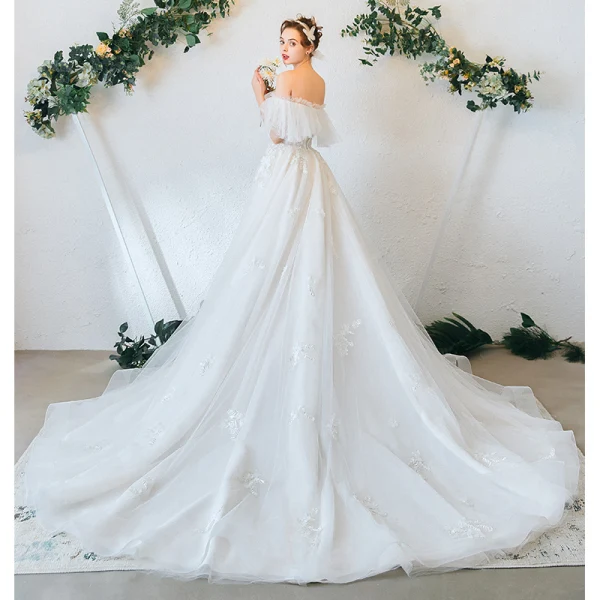 Charming Ivory Wedding Dresses 2020 A-Line / Princess Off-The-Shoulder Lace Flower Appliques Short Sleeve Backless Chapel Train
