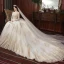 Charming Champagne Wedding Dresses 2020 A-Line / Princess Off-The-Shoulder Beading Sequins Lace Pearl 3/4 Sleeve Backless Cathedral Train