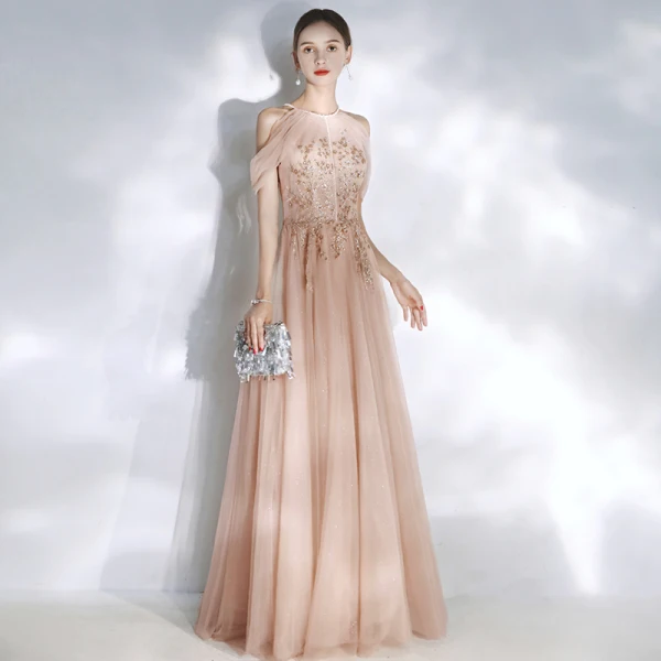 Chic / Beautiful Pearl Pink Evening Dresses 2020 A-Line / Princess Scoop Neck Beading Pearl Lace Flower Sequins Sleeveless Backless Floor-Length / Long Formal Dresses