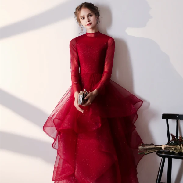 Vintage / Retro Muslim Burgundy Evening Dresses 2020 A-Line / Princess High Neck Sequins Long Sleeve Backless Cascading Ruffles Floor-Length / Long Formal Dresses