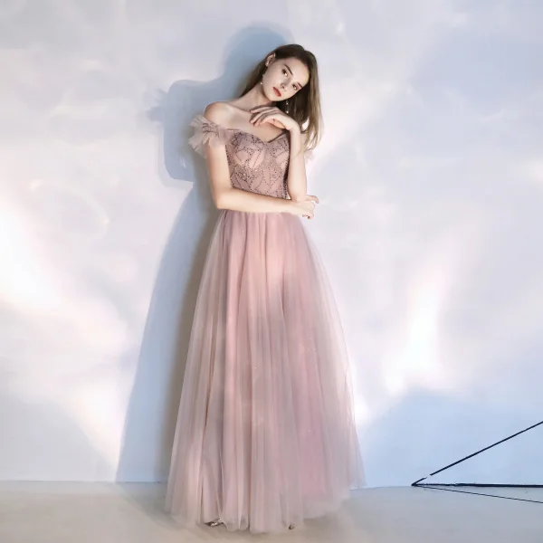 Classy Blushing Pink Evening Dresses  2020 A-Line / Princess Off-The-Shoulder Beading Crystal Pearl Sleeveless Backless Floor-Length / Long Formal Dresses