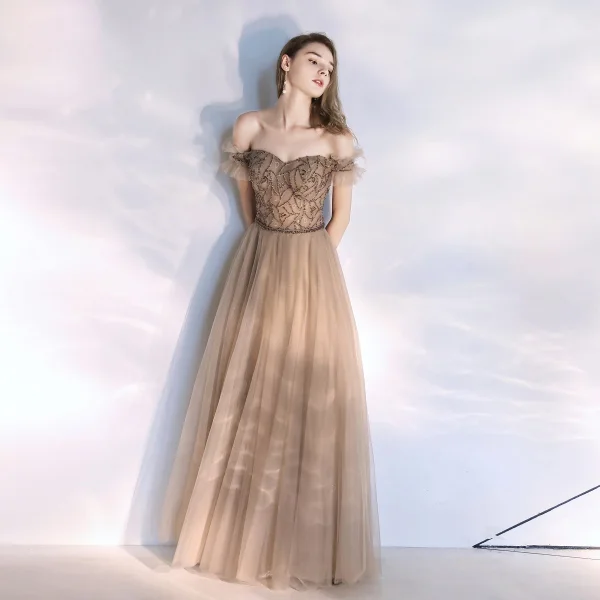 Classy Champagne Evening Dresses 2020 A-Line / Princess Off-The-Shoulder Beading Crystal Sleeveless Backless Floor-Length / Long Formal Dresses