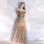 Classy Champagne Evening Dresses  2020 A-Line / Princess Off-The-Shoulder Beading Crystal Sleeveless Backless Floor-Length / Long Formal Dresses