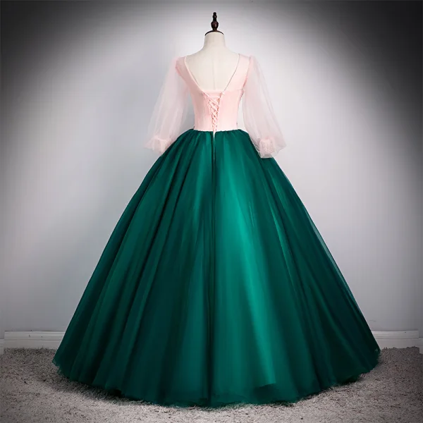 Elegant Dark Green Prom Dresses 2020 Ball Gown Scoop Neck Beading Rhinestone Appliques Lace Flower 3/4 Sleeve Backless Floor-Length / Long Formal Dresses