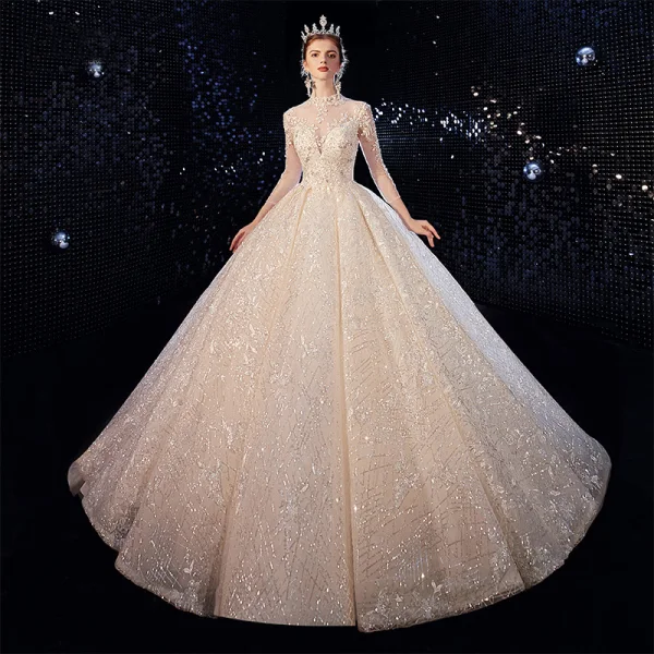 Luxury / Gorgeous Champagne Wedding Dresses 2020 Ball Gown High Neck Sequins Lace Flower Appliques 3/4 Sleeve Backless Royal Train