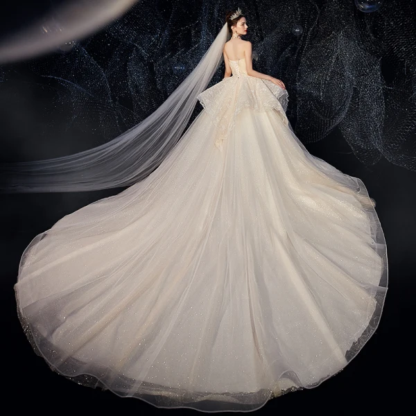 Luxury / Gorgeous Champagne Wedding Dresses 2020 Ball Gown Strapless Beading Lace Flower Sequins Sleeveless Backless Cascading Ruffles Royal Train
