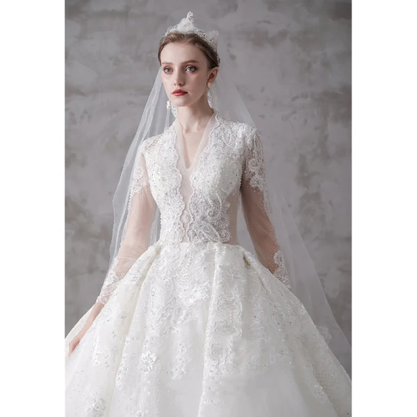 High-end Ivory Wedding Dresses 2020 A-Line / Princess V-Neck Beading Pearl Rhinestone Sequins Lace Flower 3/4 Sleeve Royal Train