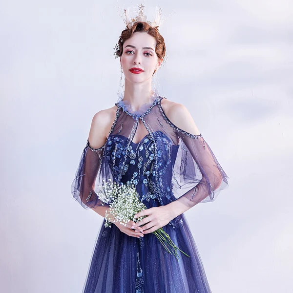 Charming Ocean Blue Prom Dresses 2021 A-Line / Princess Scoop Neck Beading Crystal Sequins Floor-Length / Long Short Sleeve Backless Prom Formal Dresses