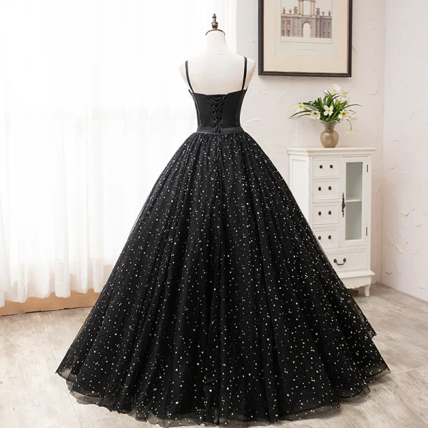 Elegant Black Prom Dresses 2020 A-Line / Princess Spaghetti Straps Star Sequins Sleeveless Backless Floor-Length / Long Formal Dresses