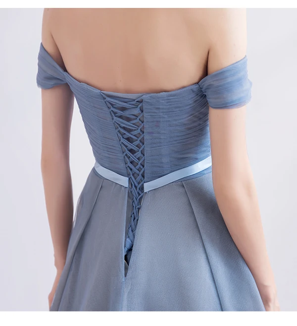 Fashion Sky Blue Evening Dresses 2020 A-Line / Princess Off-The-Shoulder Beading Crystal Glitter Appliques Sleeveless Backless Sweep Train Formal Dresses