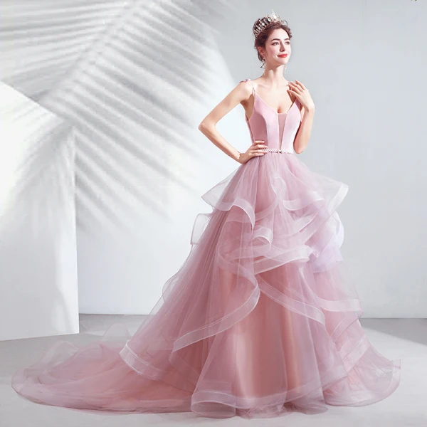 Schöne Pink Abendkleider 2020 Ballkleid Wildleder Spaghettiträger Perle Strass Schleife Stoffgürtel Ärmellos Rückenfreies Kapelle-Schleppe Fallende Rüsche Festliche Kleider