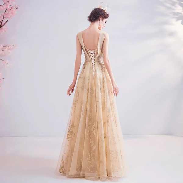 Charmig Guld Aftonklänningar 2020 Prinsessa Urringning Rhinestone Glittriga / Glitter Paljetter Ärmlös Halterneck Långa Formella Klänningar