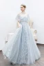 Mode Argenté Robe De Soirée 2020 Princesse Encolure Dégagée Paillettes En Dentelle Fleur 1/2 Manches Dos Nu Longue Robe De Ceremonie