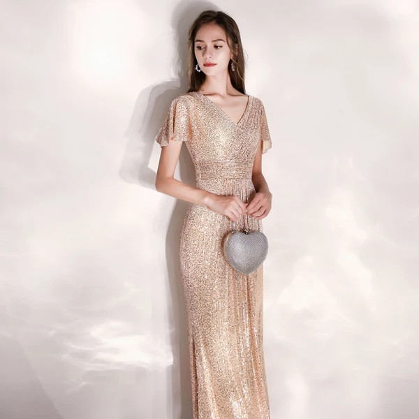 Sparkly Champagne Evening Dresses 2019 A-Line / Princess V-Neck Sequins Short Sleeve Floor-Length / Long Formal Dresses