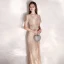 Sparkly Champagne Evening Dresses  2019 A-Line / Princess V-Neck Sequins Short Sleeve Floor-Length / Long Formal Dresses