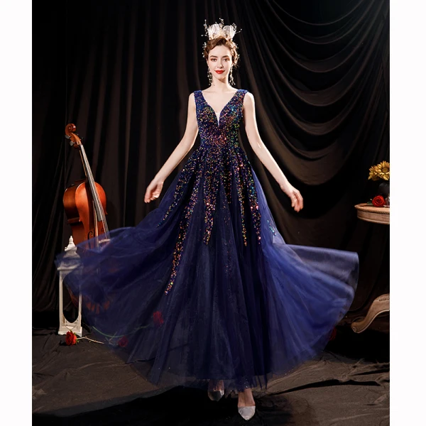 Scintillantes Bleu Marine Multi-Couleurs Paillettes Robe De Bal 2021 Princesse V-Cou Sans Manches Dos Nu Longue Robe De Ceremonie