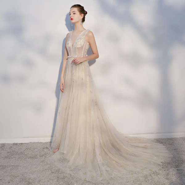 Élégant Champagne Transparentes Robe De Mariée 2018 Princesse Étoile Noeud Encolure Dégagée Dos Nu Sans Manches Tribunal Train Mariage