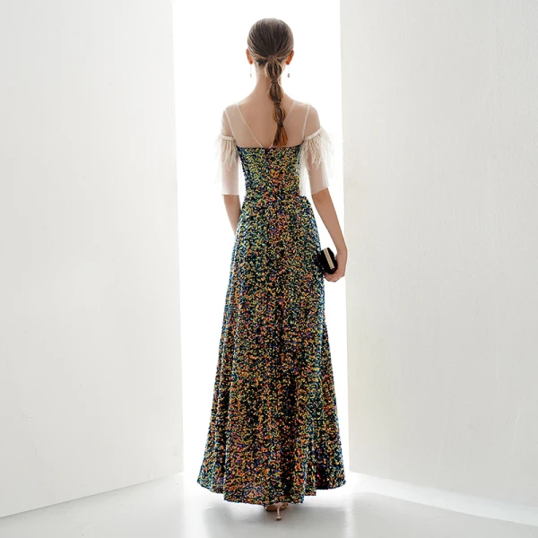 Charmant Multi-Couleurs Robe De Soirée 2019 Princesse Encolure Dégagée Paillettes 1/2 Manches Dos Nu Longue Robe De Ceremonie