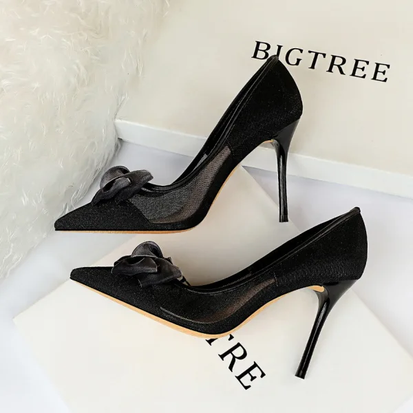 Affordable Black Casual Pumps 2019 Bow 9 cm Stiletto Heels Pointed Toe Pumps