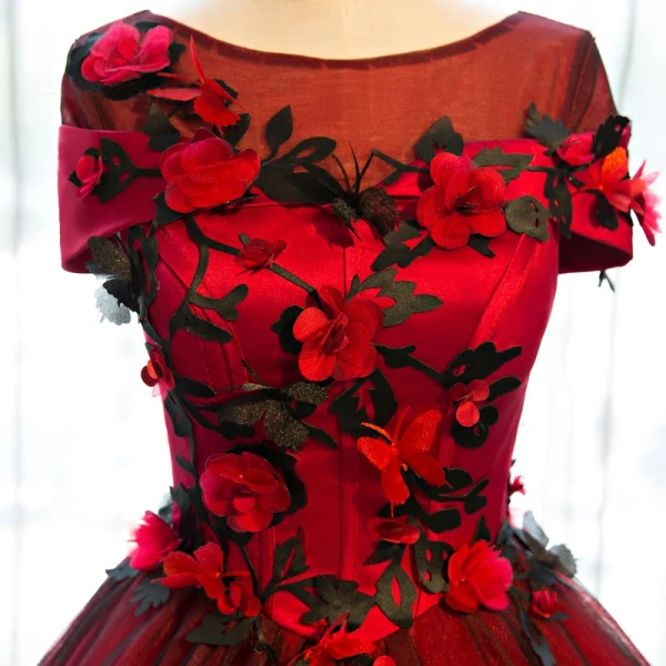 Chic / Beautiful Quinceañera Burgundy Prom Dresses 2018 Ball Gown Butterfly Appliques U-Neck Short Sleeve Floor-Length / Long Formal Dresses