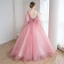 Chic / Beautiful Pearl Pink Cascading Ruffles Formal Dresses 2018 Ball Gown Lace Appliques Pearl V-Neck Sleeveless Watteau Train Backless Floor-Length / Long Prom Dresses