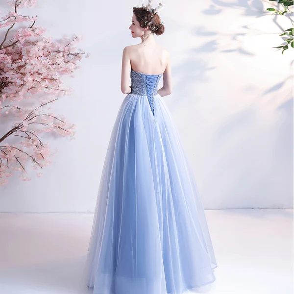 Modern / Fashion Sky Blue Lace Flower Prom Dresses Backless 2021 A-Line / Princess Strapless Sleeveless Floor-Length / Long Formal Dresses